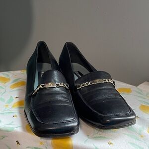 Etienne Aigner Black Loafers with Chain Accent